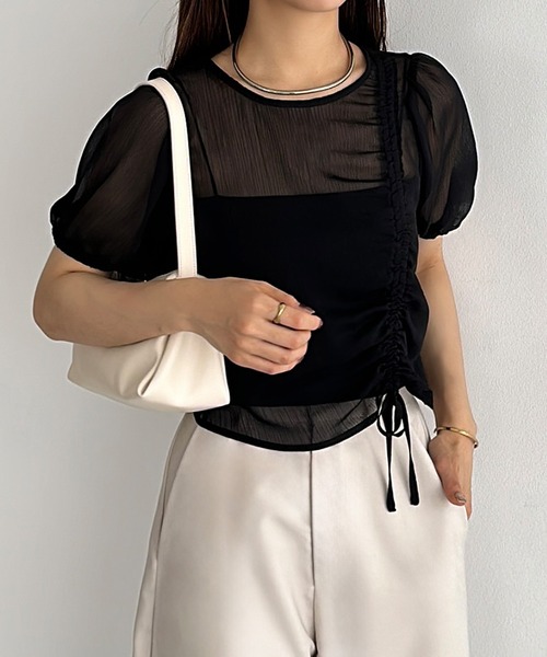 callautia(カラウティア)の「楊柳ギャザーショートトップス(Tシャツ/カットソー・レディース・ブラック/アイボリー/ミント・SMALL/MEDIUM/LARGE/X-LARGE)」の5枚目の写真