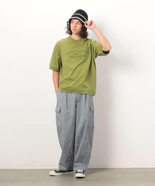Purple&Yellow(パープルアンドイエロー)の「ヒッコリーワイドテーパードカーゴパンツ(カーゴパンツ・メンズ・ネイビー/アイボリー・MEDIUM/SMALL/X-SMALL/LARGE)」の15枚目の写真