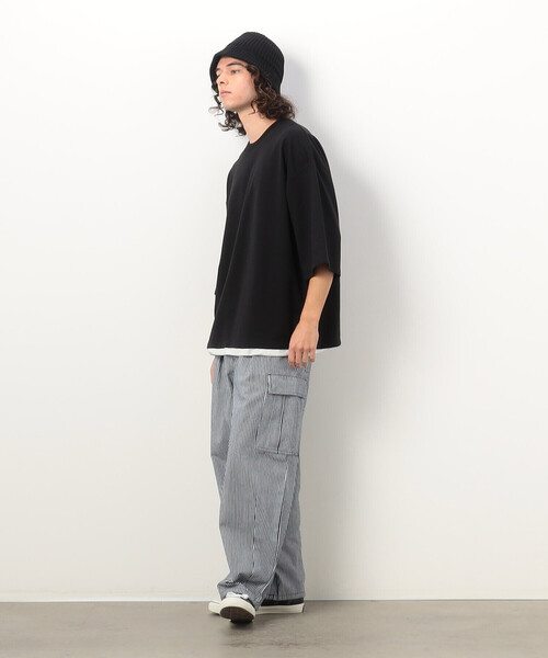 Purple&Yellow(パープルアンドイエロー)の「ヒッコリーワイドテーパードカーゴパンツ(カーゴパンツ・メンズ・ネイビー/アイボリー・MEDIUM/SMALL/X-SMALL/LARGE)」の16枚目の写真