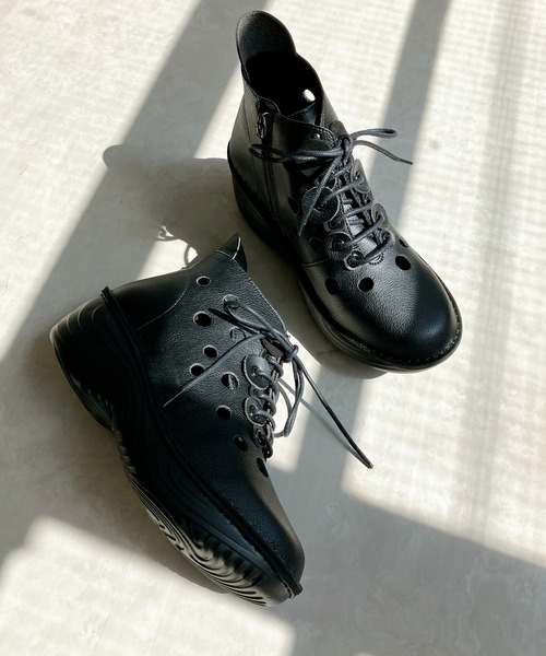 ミライアルキ miraiaruki 超軽量 撥水 パンチング ショートブーツ ミライアルキ 厚底ショートブーツ・24.5cmEEE☆軽量パンチング