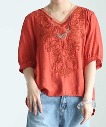 草花刺繍シャツブラウス
