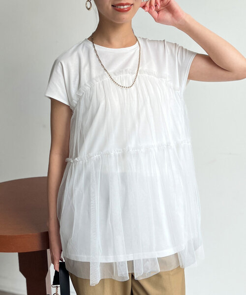 Chez toi（シェトワ）の「チュール重ねカットチュニックプルオーバー（Tシャツ/カットソー・レディース・ブラック/オフホワイト/ピンク・FREE）」の2枚目の写真