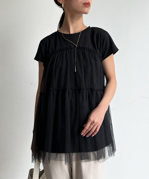 Chez toi（シェトワ）の「チュール重ねカットチュニックプルオーバー（Tシャツ/カットソー・レディース・ブラック/オフホワイト/ピンク・FREE）」の15枚目の写真