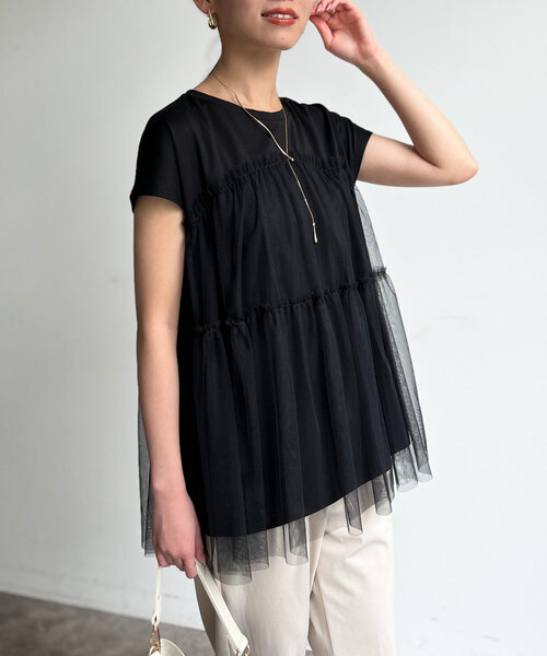 Chez toi（シェトワ）の「チュール重ねカットチュニックプルオーバー（Tシャツ/カットソー・レディース・ブラック/オフホワイト/ピンク・FREE）」の16枚目の写真