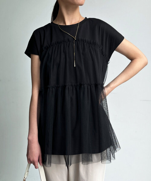 Chez toi（シェトワ）の「チュール重ねカットチュニックプルオーバー（Tシャツ/カットソー・レディース・ブラック/オフホワイト/ピンク・FREE）」の17枚目の写真
