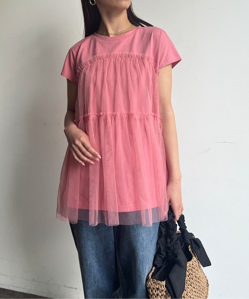 Chez toi（シェトワ）の「チュール重ねカットチュニックプルオーバー（Tシャツ/カットソー・レディース・ブラック/オフホワイト/ピンク・FREE）」の4枚目の写真