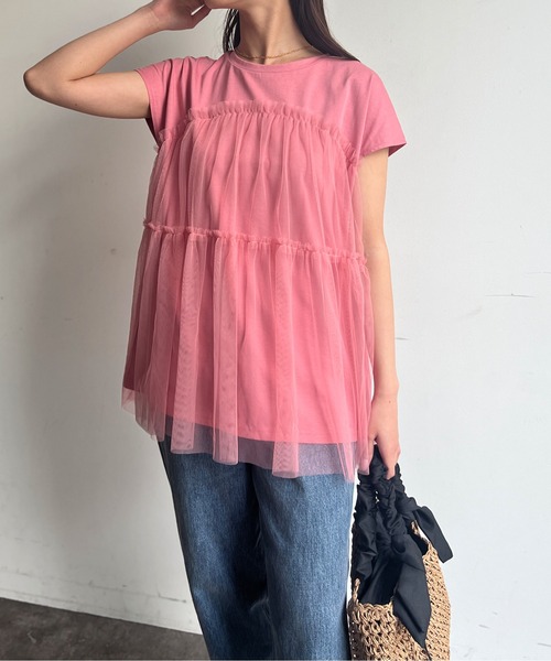 Chez toi（シェトワ）の「チュール重ねカットチュニックプルオーバー（Tシャツ/カットソー・レディース・ブラック/オフホワイト/ピンク・FREE）」の5枚目の写真