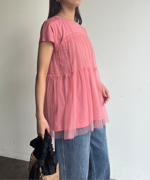 Chez toi（シェトワ）の「チュール重ねカットチュニックプルオーバー（Tシャツ/カットソー・レディース・ブラック/オフホワイト/ピンク・FREE）」の7枚目の写真