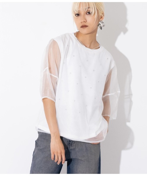 Settimissimo（セッティミッシモ）の「スタッズデザイン ランタンスリーブ オーガンジー トップス（Tシャツ/カットソー・レディース・オフホワイト/ブラック・FREE）」の5枚目の写真