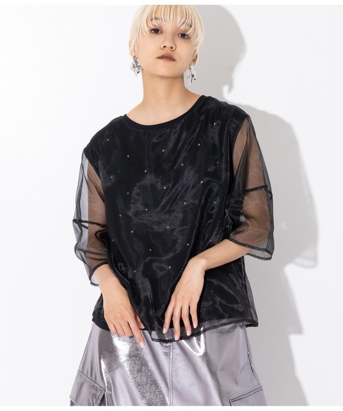 Settimissimo（セッティミッシモ）の「スタッズデザイン ランタンスリーブ オーガンジー トップス（Tシャツ/カットソー・レディース・オフホワイト/ブラック・FREE）」の12枚目の写真