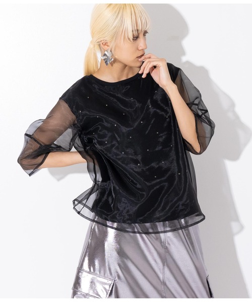 Settimissimo（セッティミッシモ）の「スタッズデザイン ランタンスリーブ オーガンジー トップス（Tシャツ/カットソー・レディース・オフホワイト/ブラック・FREE）」の11枚目の写真