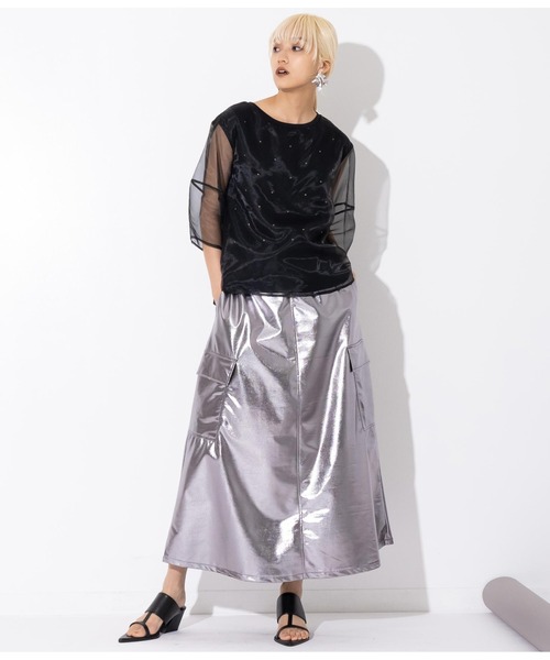 Settimissimo（セッティミッシモ）の「スタッズデザイン ランタンスリーブ オーガンジー トップス（Tシャツ/カットソー・レディース・オフホワイト/ブラック・FREE）」の13枚目の写真