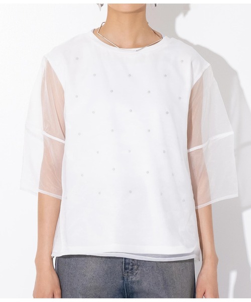 Settimissimo（セッティミッシモ）の「スタッズデザイン ランタンスリーブ オーガンジー トップス（Tシャツ/カットソー・レディース・オフホワイト/ブラック・FREE）」の16枚目の写真