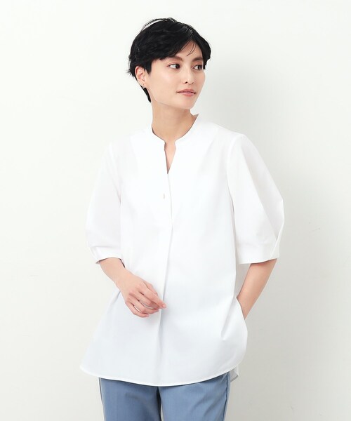 OPAQUE.CLIP(オペークドットクリップ)の「◆スキッパータックスリーブブラウス【洗濯機洗い可】(シャツ/ブラウス・レディース・ブラック/ライトブルー/ネイビー/ホワイト・38/40/42)」の1枚目の写真