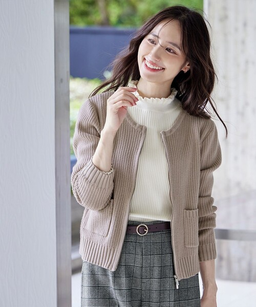 【大きいサイズ】ダブルジップリブ編みカーディガン（カーディガン/ボレロ）｜Tiaclasse（ティアクラッセ）