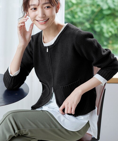 【大きいサイズ】ダブルジップリブ編みカーディガン（カーディガン/ボレロ）｜Tiaclasse（ティアクラッセ）