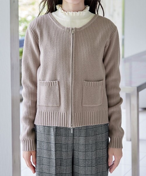 【大きいサイズ】ダブルジップリブ編みカーディガン（カーディガン/ボレロ）｜Tiaclasse（ティアクラッセ）