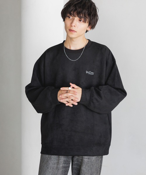 セール】カットスウェード/ワンポイント刺繍オーバーサイズクルー