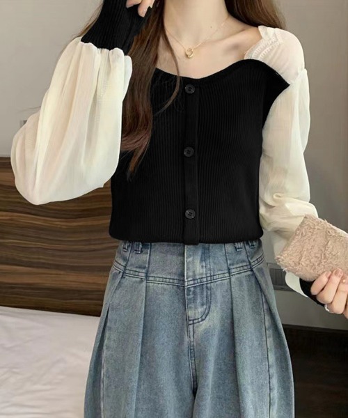 Miniministore（ミニミニストア）の「ニットブラウス 袖切り替えニットトップス（シャツ/ブラウス・レディース・ブラック/クリーム/ホワイト・FREE）」の6枚目の写真