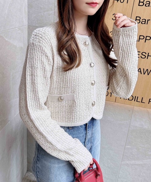 INGNI（イング）の「ショート丈ツイードニットカーディガン／Ａ（カーディガン/ボレロ・レディース・アイボリー/ブラック×ホワイト/ピンク・M）」の2枚目の写真