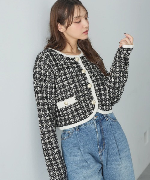 INGNI（イング）の「ショート丈ツイードニットカーディガン／Ａ（カーディガン/ボレロ・レディース・アイボリー/ブラック×ホワイト/ピンク・M）」の4枚目の写真