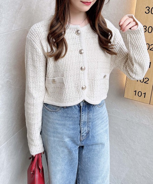 INGNI（イング）の「ショート丈ツイードニットカーディガン／Ａ（カーディガン/ボレロ・レディース・アイボリー/ブラック×ホワイト/ピンク・M）」の7枚目の写真