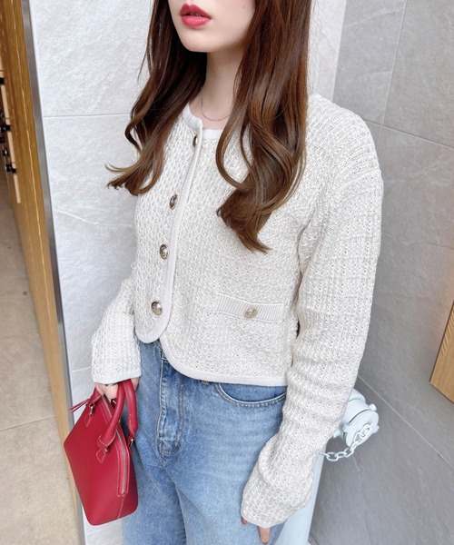 INGNI（イング）の「ショート丈ツイードニットカーディガン／Ａ（カーディガン/ボレロ・レディース・アイボリー/ブラック×ホワイト/ピンク・M）」の8枚目の写真