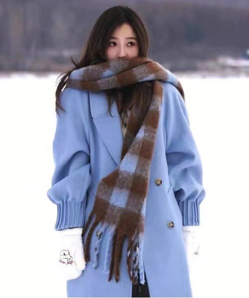 Per sist ence（パーシエンス）の「ボリュームレトロチェックフリンジマフラー（マフラー・レディース・ブラック/ライトブルー/ブルー/ブラウン/グリーン系/パープル/グリーン/ピンク/ローズ・FREE）」の5枚目の写真