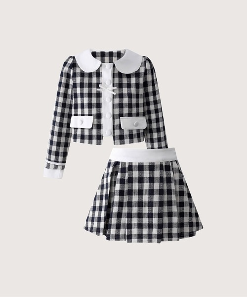ベビーカラーチェック柄ジャケットセットアップ Baby Collar Plaid Jacket Set-Up