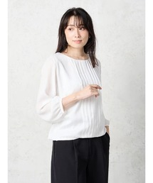 Perfect Suit FActory | シャドーストライプ９分袖ブラウス　ホワイト/ベージュ(Tシャツ/カットソー)