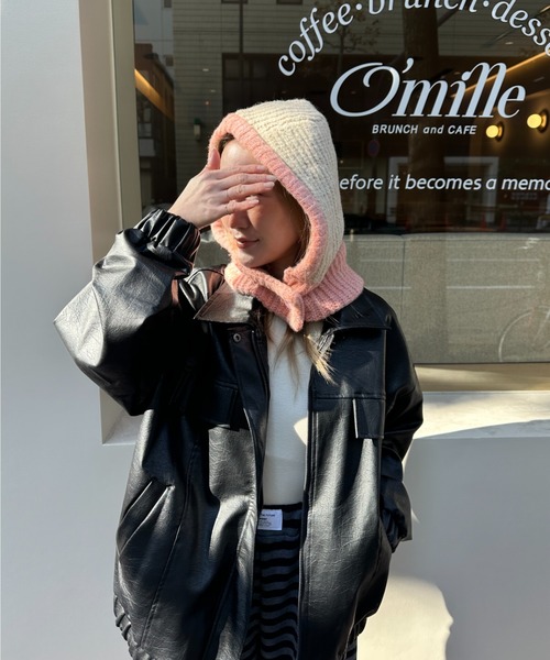 StyleSea(スタイルシー)の「フロントボタン付きバイカラーニットバラクラバ(ニットキャップ/ビーニー・レディース・チャコールグレー/ライトグレー/ブラウン/ベージュ/ブルー/パープル/レッド・FREE)」の5枚目の写真