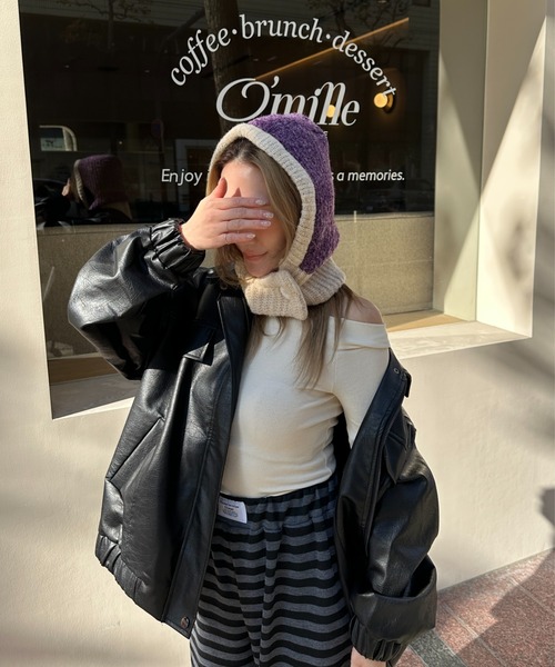 StyleSea(スタイルシー)の「フロントボタン付きバイカラーニットバラクラバ(ニットキャップ/ビーニー・レディース・チャコールグレー/ライトグレー/ブラウン/ベージュ/ブルー/パープル/レッド・FREE)」の6枚目の写真