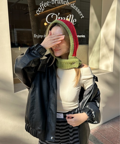 StyleSea(スタイルシー)の「フロントボタン付きバイカラーニットバラクラバ(ニットキャップ/ビーニー・レディース・チャコールグレー/ライトグレー/ブラウン/ベージュ/ブルー/パープル/レッド・FREE)」の10枚目の写真