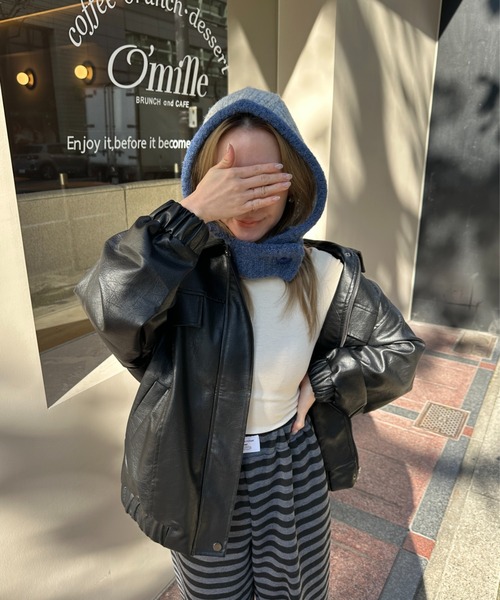 StyleSea(スタイルシー)の「フロントボタン付きバイカラーニットバラクラバ(ニットキャップ/ビーニー・レディース・チャコールグレー/ライトグレー/ブラウン/ベージュ/ブルー/パープル/レッド・FREE)」の14枚目の写真