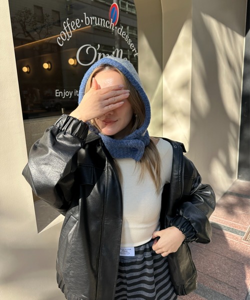 StyleSea(スタイルシー)の「フロントボタン付きバイカラーニットバラクラバ(ニットキャップ/ビーニー・レディース・チャコールグレー/ライトグレー/ブラウン/ベージュ/ブルー/パープル/レッド・FREE)」の11枚目の写真