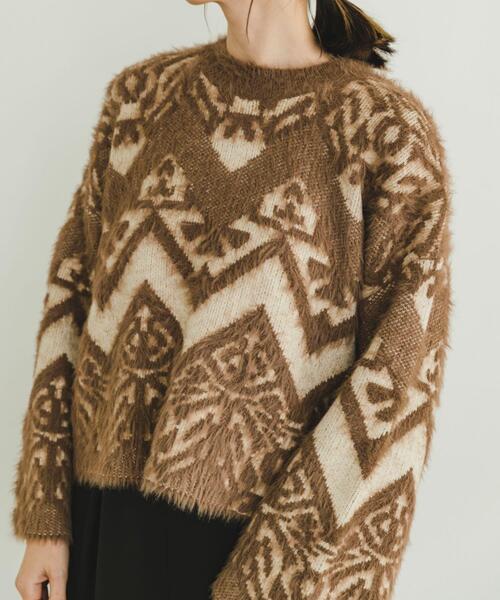 ITEMS URBANRESEARCH(アイテムズ アーバンリサーチ)の「フェザージャガードニット(ニット/セーター・レディース・ブラウン/ブラック・FREE)」の1枚目の写真