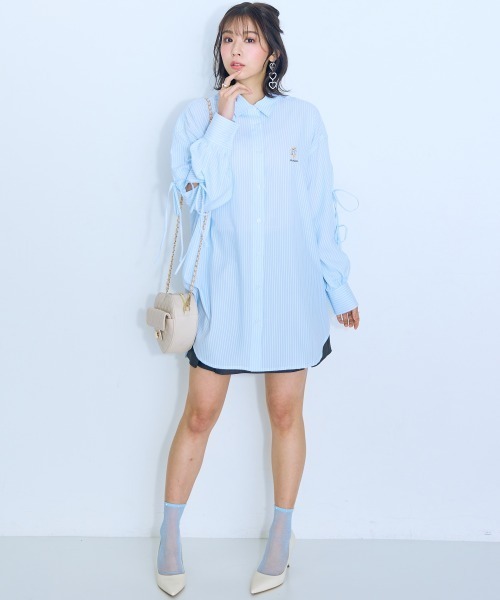 大きいサイズ＞くまちゃん刺しゅうスリットリボンロングシャツ