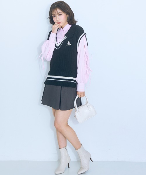 大きいサイズ＞くまちゃん刺しゅうスリットリボンロングシャツ