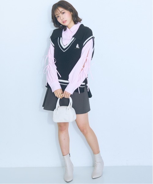 大きいサイズ＞くまちゃん刺しゅうスリットリボンロングシャツ