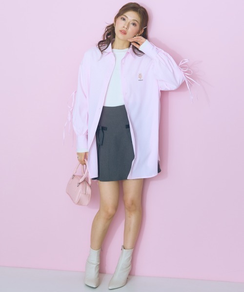 maru.様 ご予約商品 12月到着予定 大きいサイズ＞くまちゃん刺しゅうスリットリボンロングシャツ