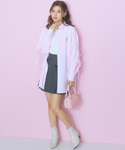 marun くまちゃん刺しゅうスリットリボンロングシャツ ピンク 5L 大きいサイズ＞くまちゃん刺しゅうスリットリボンロングシャツ