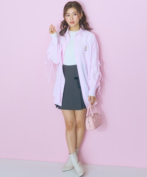 marun くまちゃん刺しゅうスリットリボンロングシャツ ピンク 5L 大きいサイズ＞くまちゃん刺しゅうスリットリボンロングシャツ