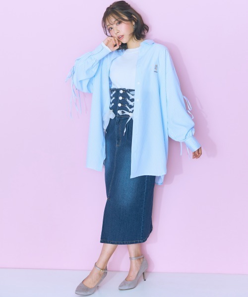 maru.様 ご予約商品 12月到着予定 大きいサイズ＞くまちゃん刺しゅうスリットリボンロングシャツ