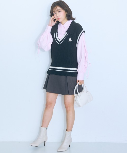 maru.様 ご予約商品 12月到着予定 大きいサイズ＞くまちゃん刺しゅうスリットリボンロングシャツ