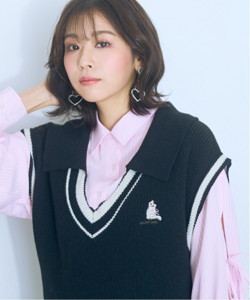 marun（マルン）の「＜大きいサイズ＞くまちゃん刺しゅうスリットリボンロングシャツ marun（シャツ/ブラウス・レディース・ピンク/ブルー・L/5L/4L/3L/LL）」の18枚目の写真