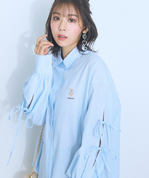 シャツ ブラウス レディース くまちゃん刺しゅうスリットリボン ロング marun L/LL/3L/4L/5L ニッセン nissen 大きいサイズ＞くまちゃん刺しゅうスリットリボンロングシャツ