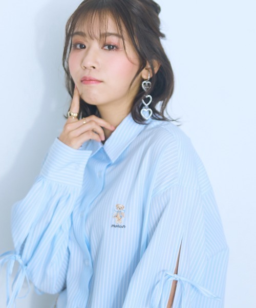 ブラウス シャツ 「大きいサイズ」くまちゃん刺しゅうスリットリボンロングシャツ marun レディース ニッセン シャツ ブラウス レディース くまちゃん刺しゅう