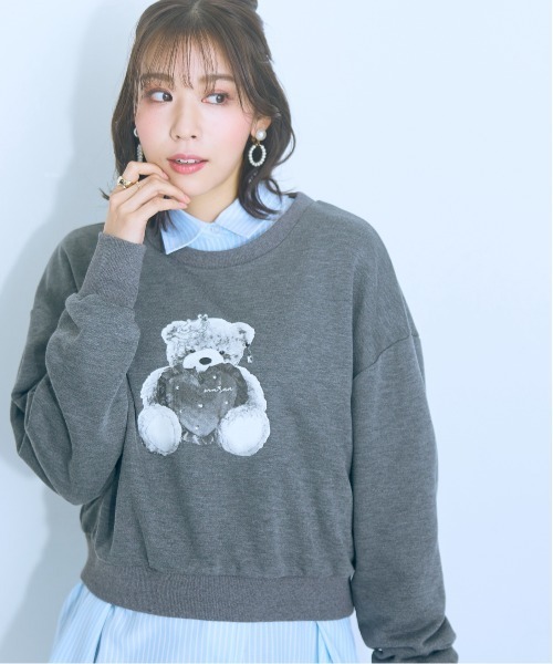 marun くまちゃん刺しゅうスリットリボンロングシャツ ピンク 5L 大きいサイズ＞くまちゃん刺しゅうスリットリボンロングシャツ