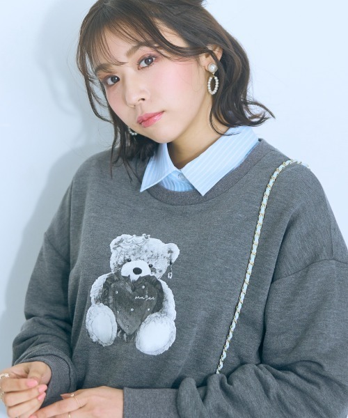 marun くまちゃん刺しゅうスリットリボンロングシャツ ピンク 5L 大きいサイズ＞くまちゃん刺しゅうスリットリボンロングシャツ