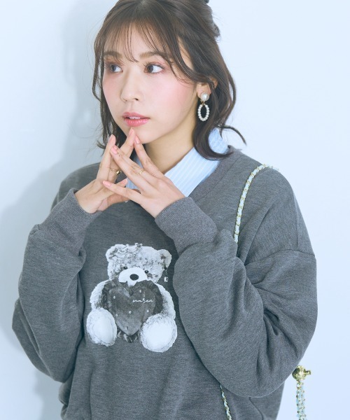 marun くまちゃん刺しゅうスリットリボンロングシャツ ピンク 5L 大きいサイズ＞くまちゃん刺しゅうスリットリボンロングシャツ